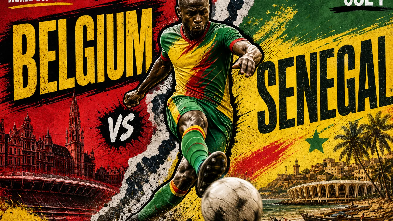 Editorial World Cup 2026 poster for Belgium vs Senegal on JUL 1