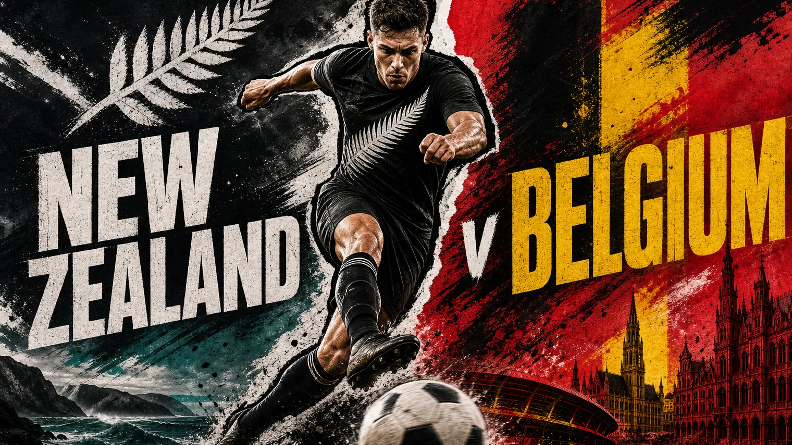 Editorial World Cup 2026 poster for New Zealand vs Belgium on JUN 27