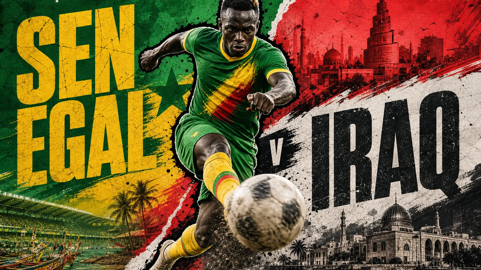 Editorial World Cup 2026 poster for Senegal vs Iraq on JUN 26