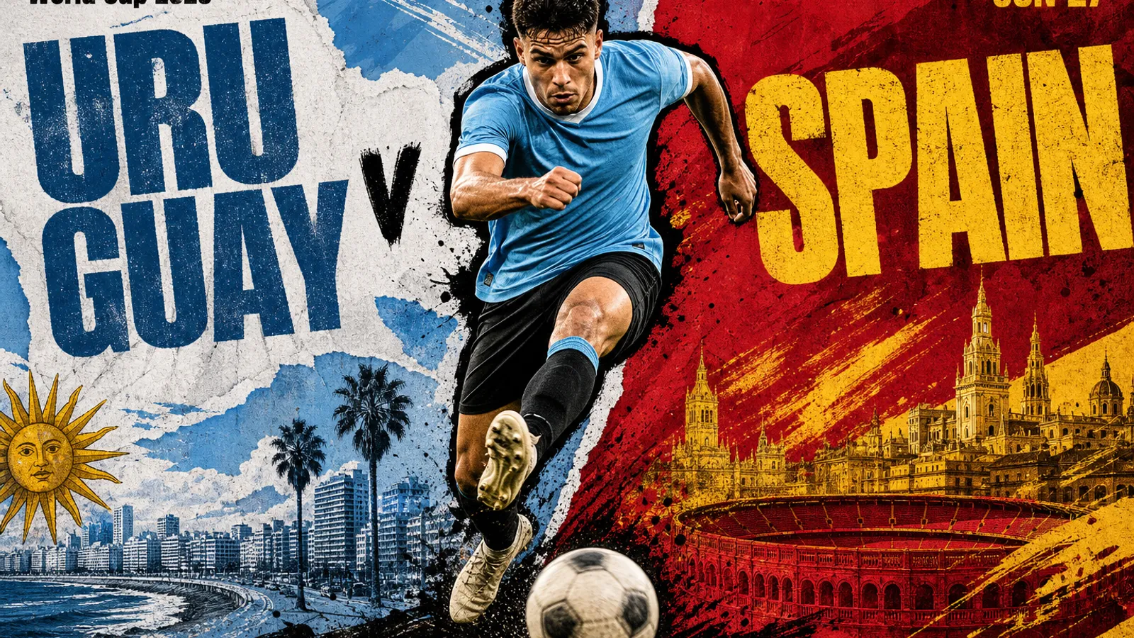 Editorial World Cup 2026 poster for Uruguay vs Spain on JUN 27