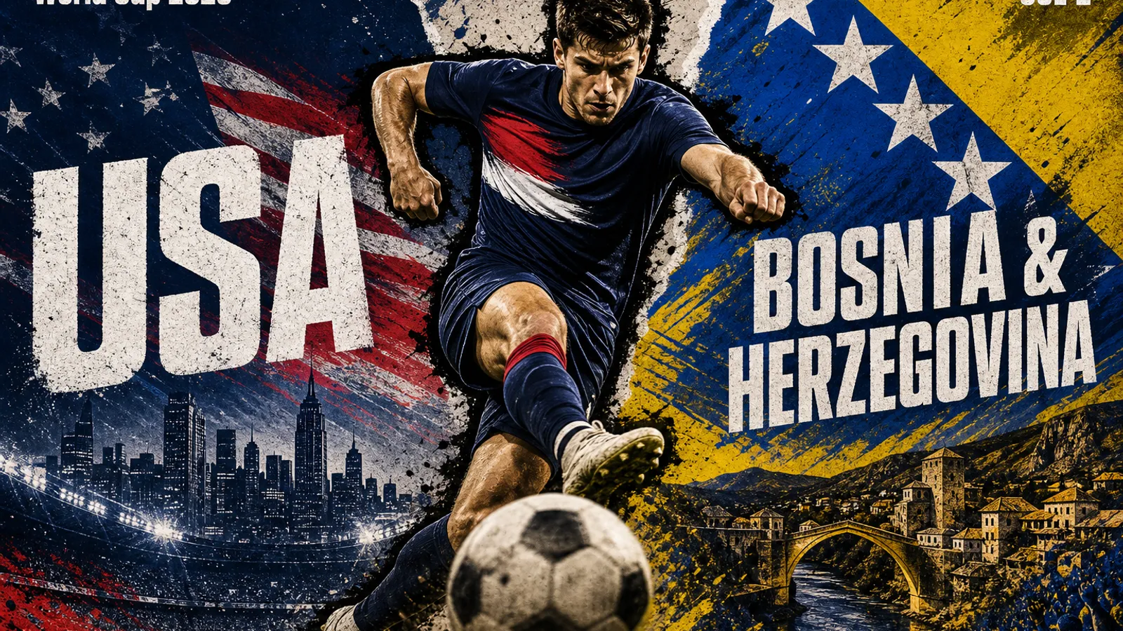 Editorial World Cup 2026 poster for USA vs Bosnia & Herzegovina on JUL 2